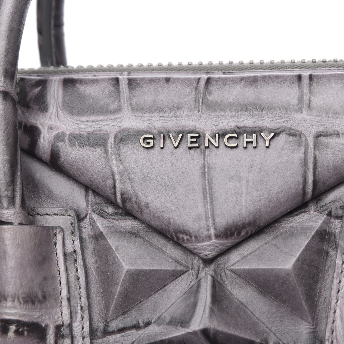 Calfskin Crocodile Embossed 3D Stud Medium Antigona Storm Grey