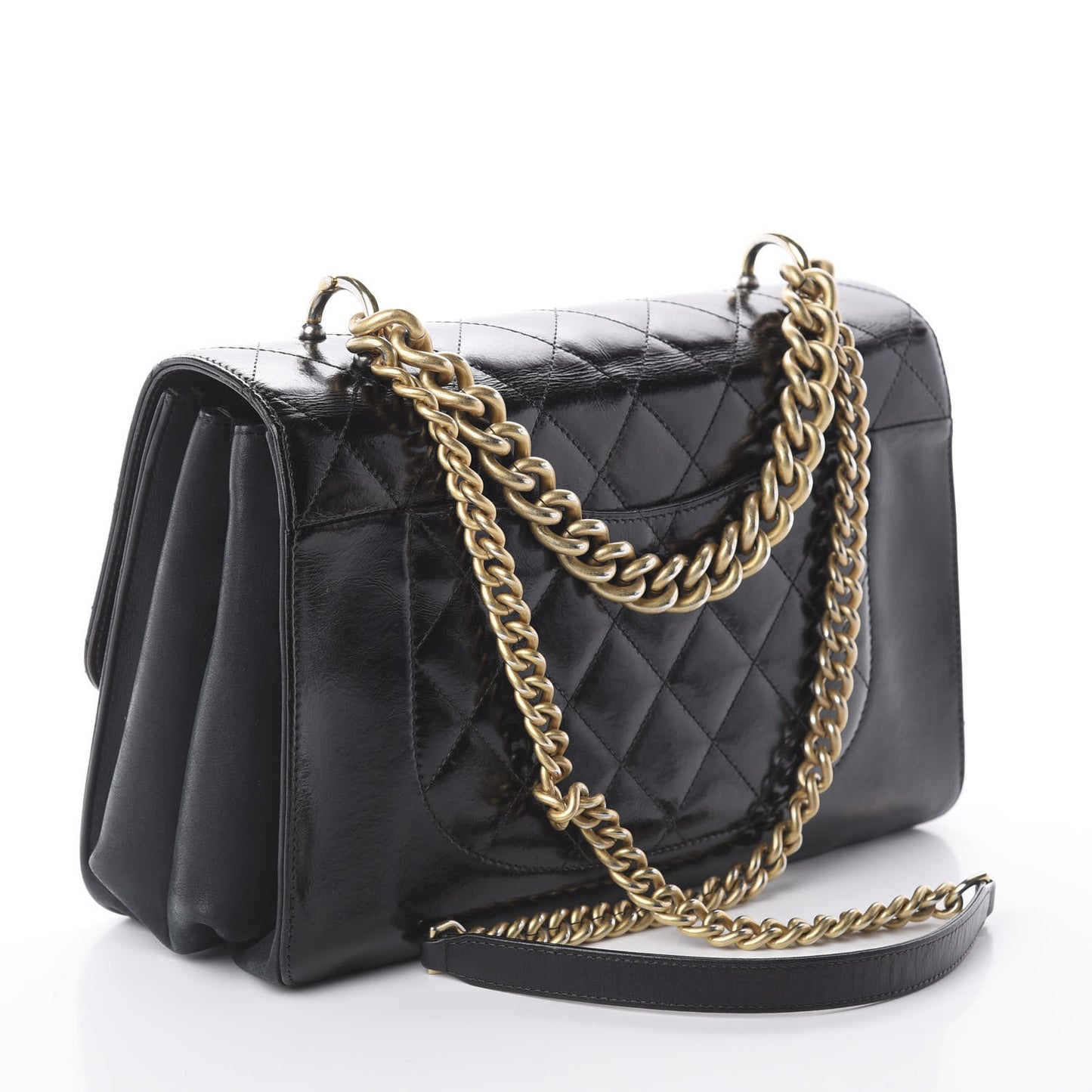 Aged Glazed Calfskin Quilted Straight Lined Flap Black