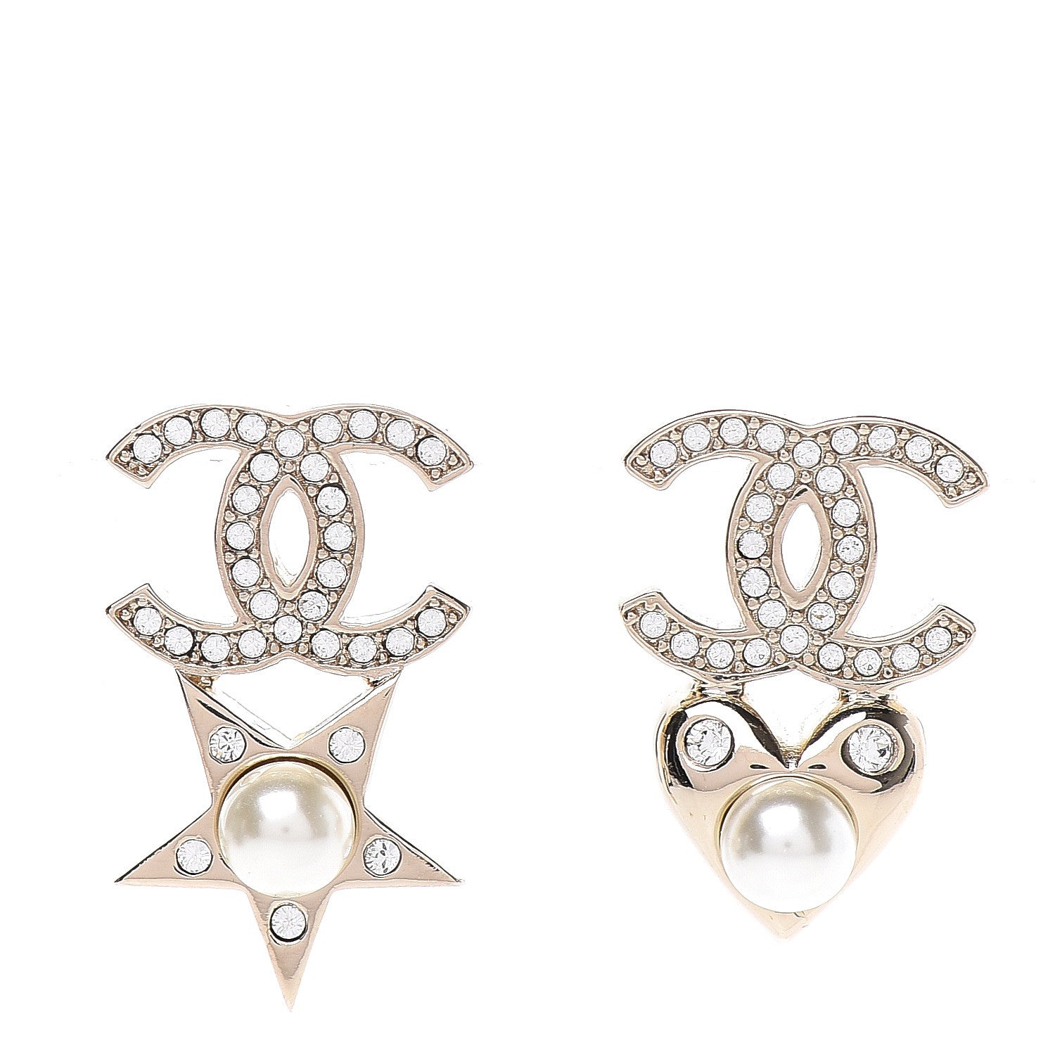 Chanel Crystal Pearl Charming Winter CC Star Heart Earrings Gold 1 of 5