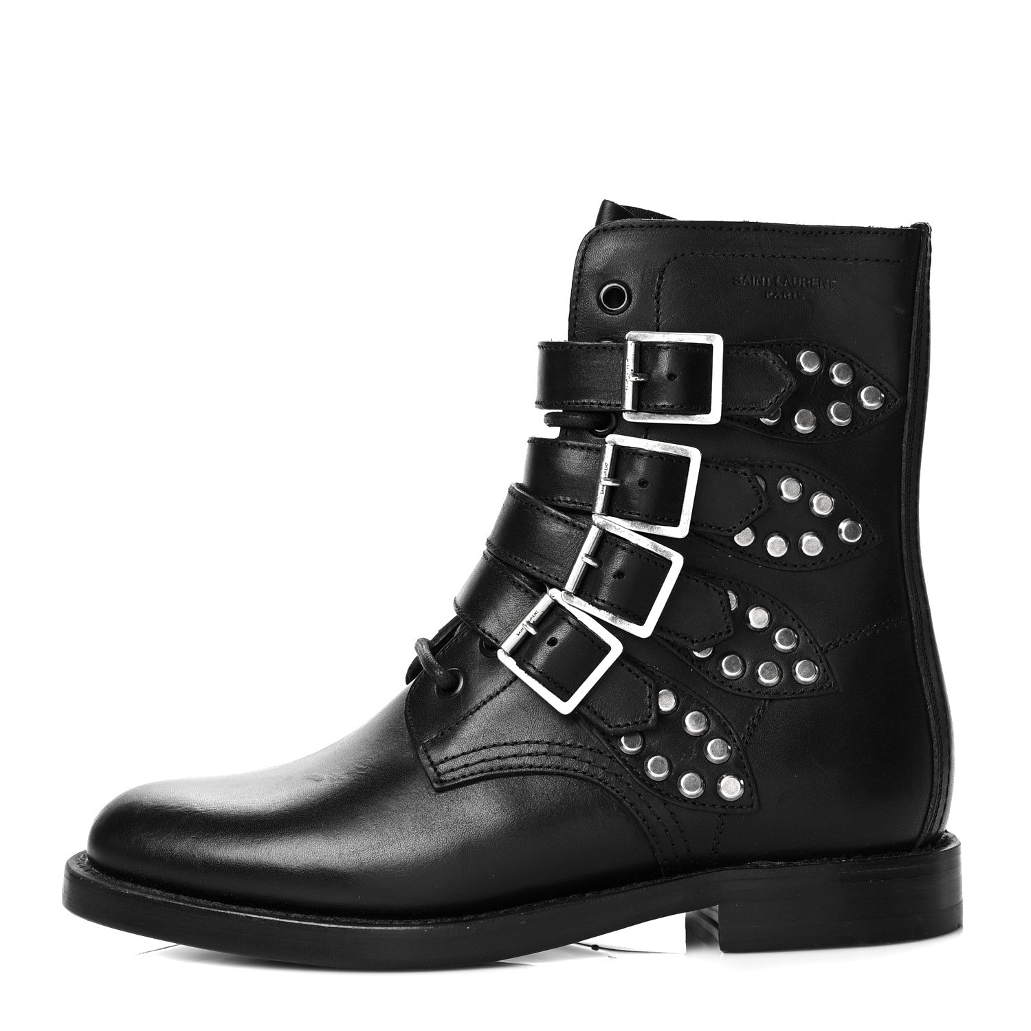 Saint Laurent Smooth Calfskin Studded Strap Rangers Boots 36 Black 1 of 20