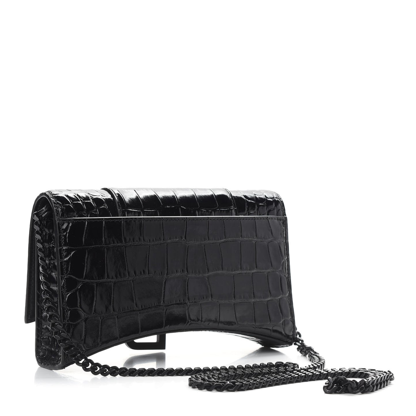 Shiny Calfskin Monochrome Crocodile Embossed Hourglass Chain Bag Black