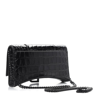 Balenciaga Shiny Calfskin Monochrome Crocodile Embossed Hourglass Chain Bag Black 3 of 8
