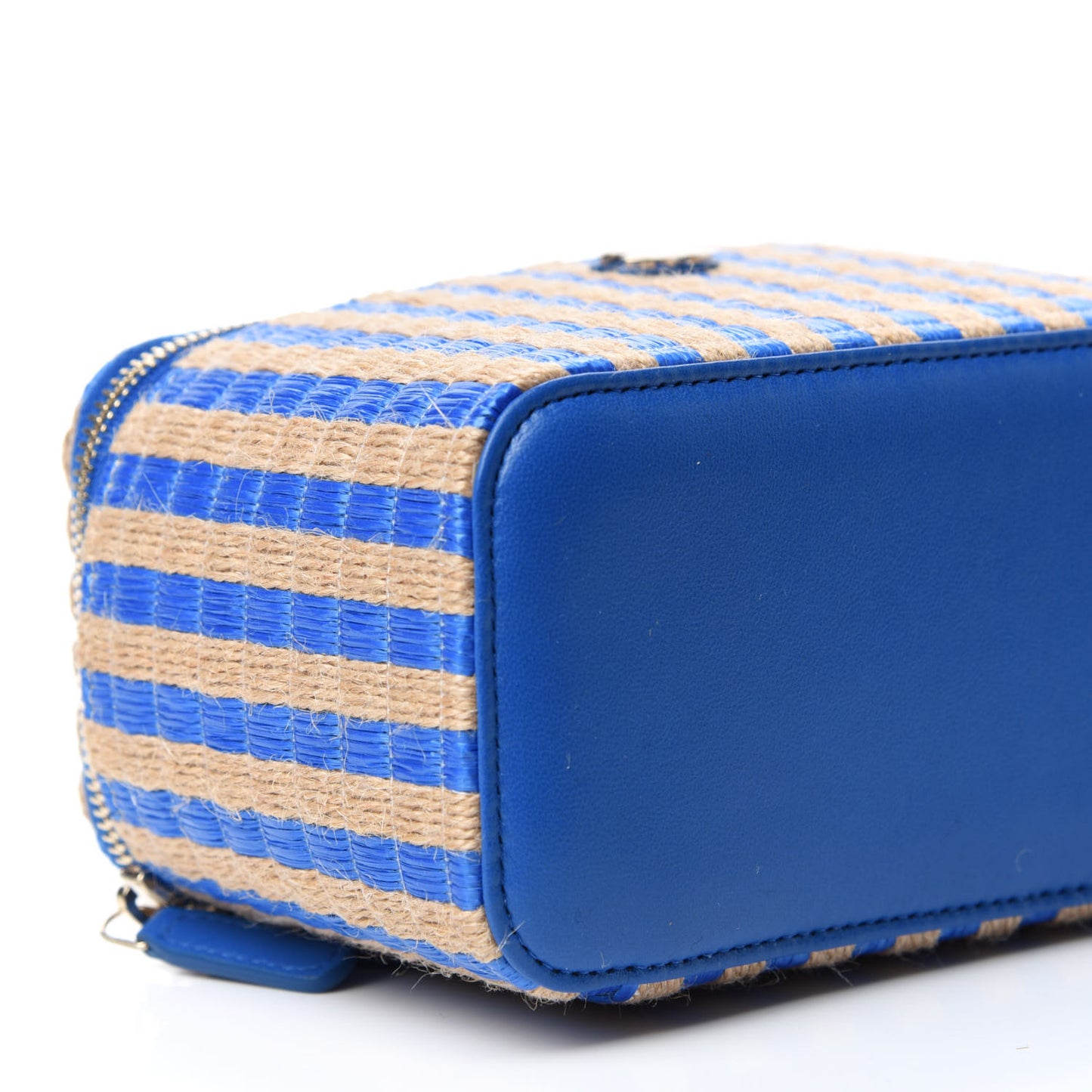 Raffia Jute Striped Small Vanity Case With Chain Blue Beige