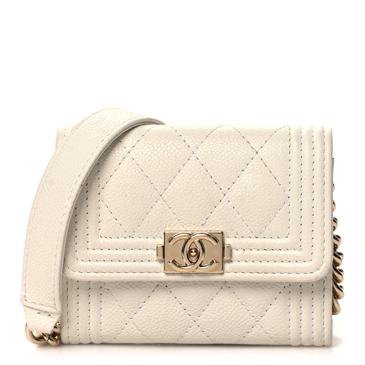 Chanel Caviar Quilted Boy Card Holder On Chain White 1 of 12