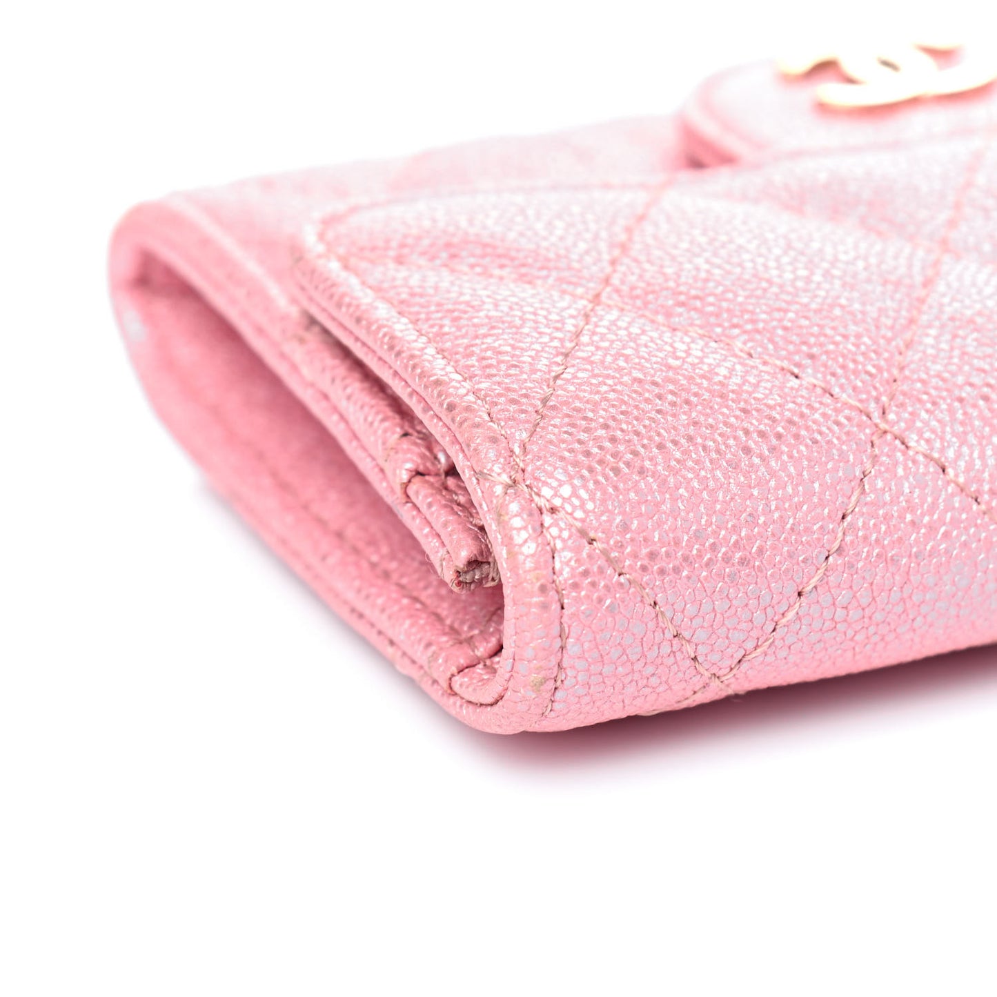 Iridescent Caviar Quilted Flap Card Holder Rose Pink