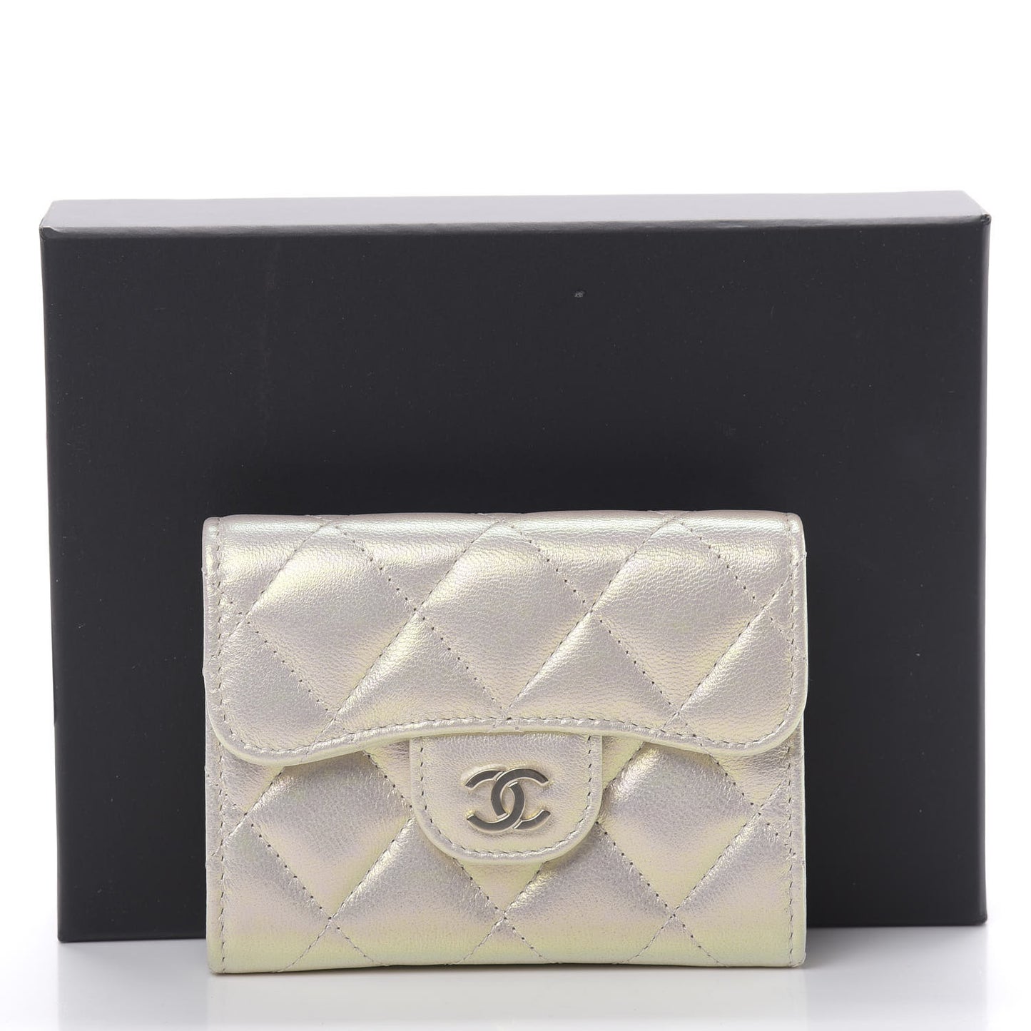 Iridescent Lambskin Quilted Flap Card Holder Ivory