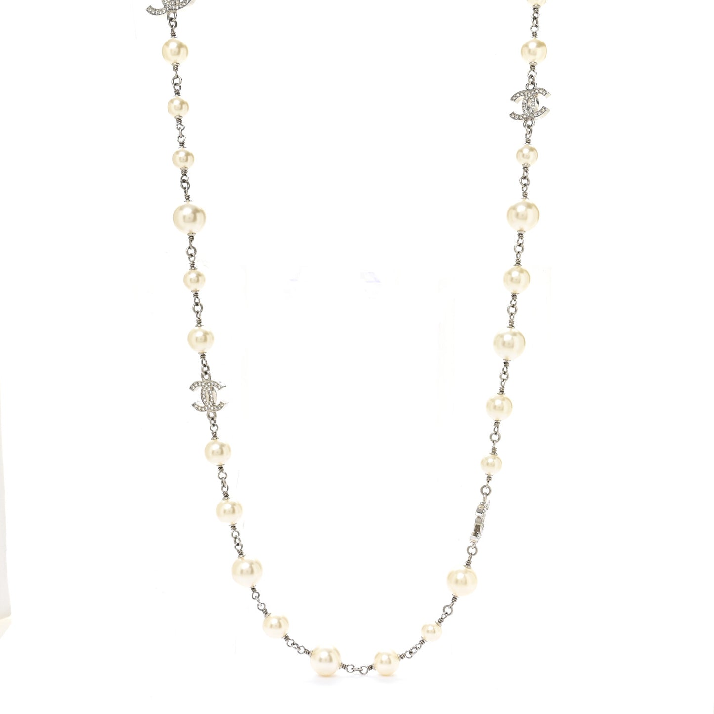 Graduated Pearl Crystal CC Long Necklace Silver