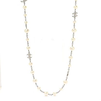 Chanel Graduated Pearl Crystal CC Long Necklace Silver 1 of 7