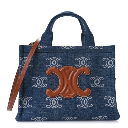 Celine Denim Calfskin Triomphe Print Cabas Blue Tan 1 of 12