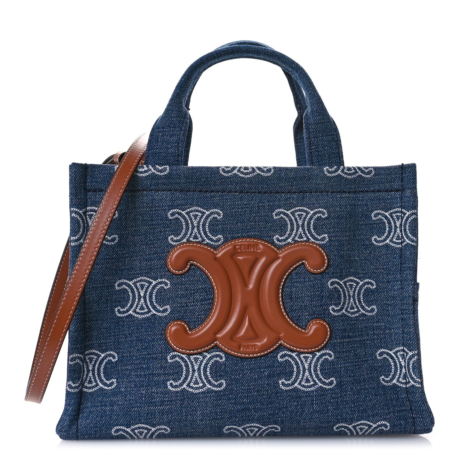 Celine Denim Calfskin Triomphe Print Cabas Blue Tan 1 of 12