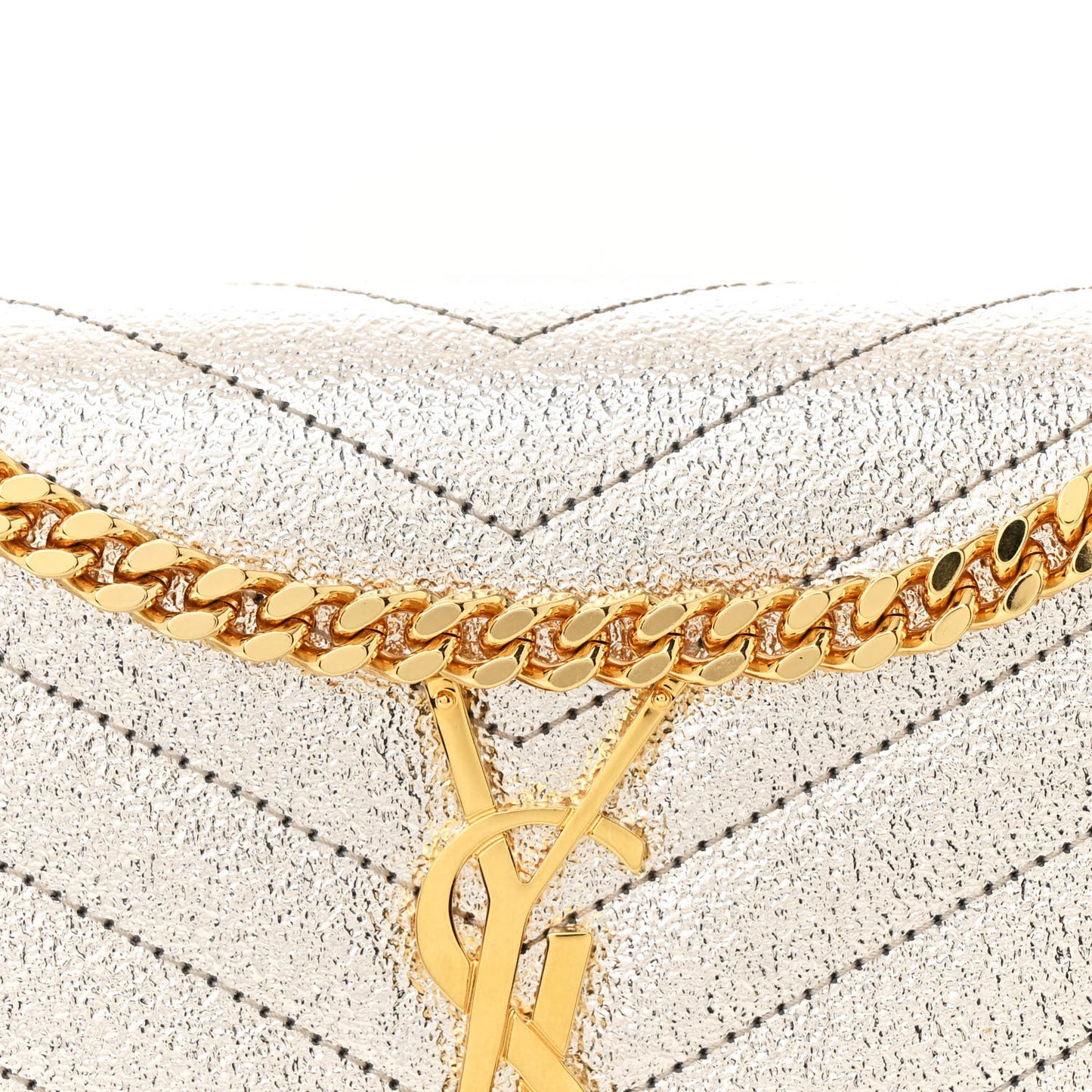 Metallic Grain De Poudre Matelasse Chevron Monogram Chain Wallet Gold