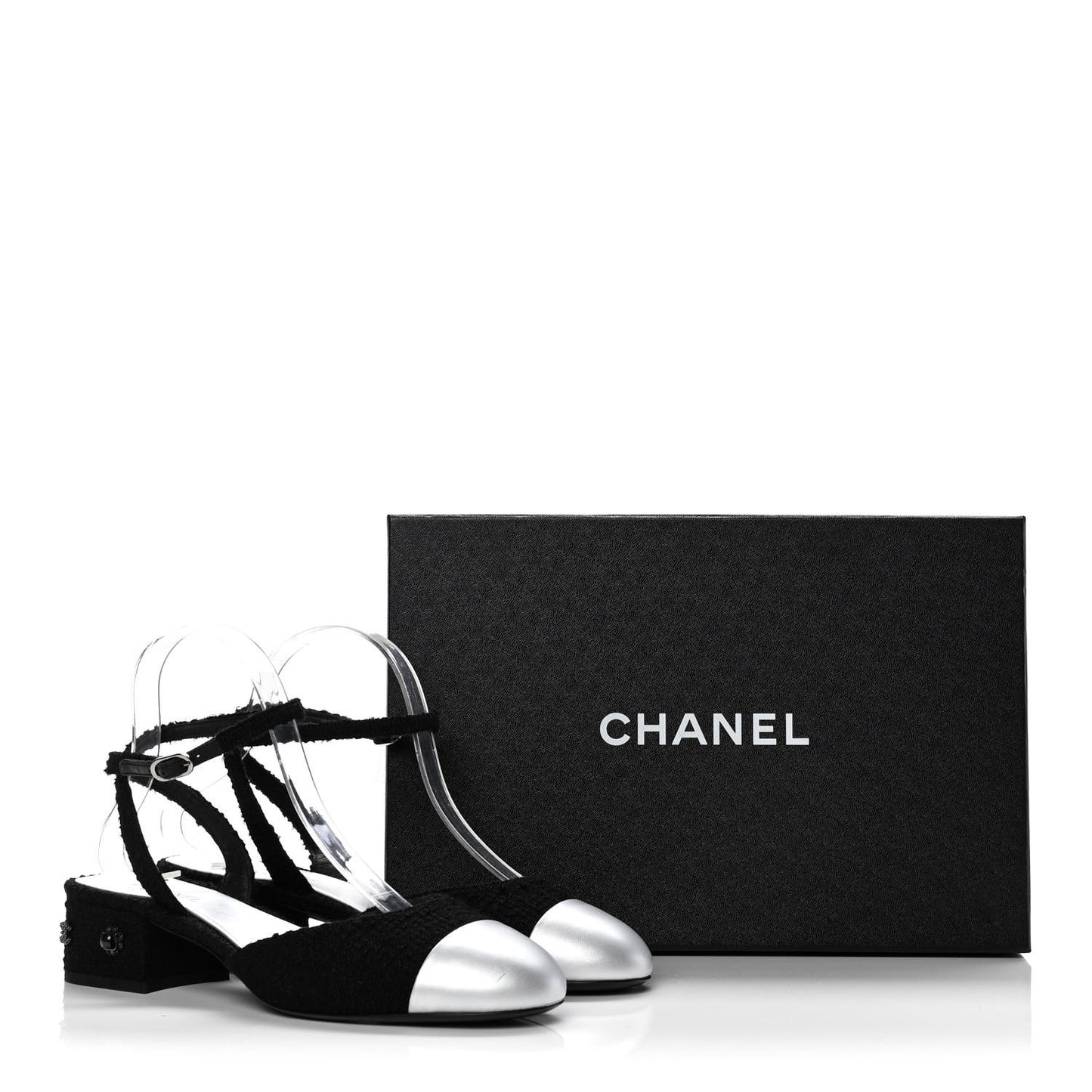 Tweed Iridescent Calfskin Cap Toe CC Slingback Pumps 39 Black Silver