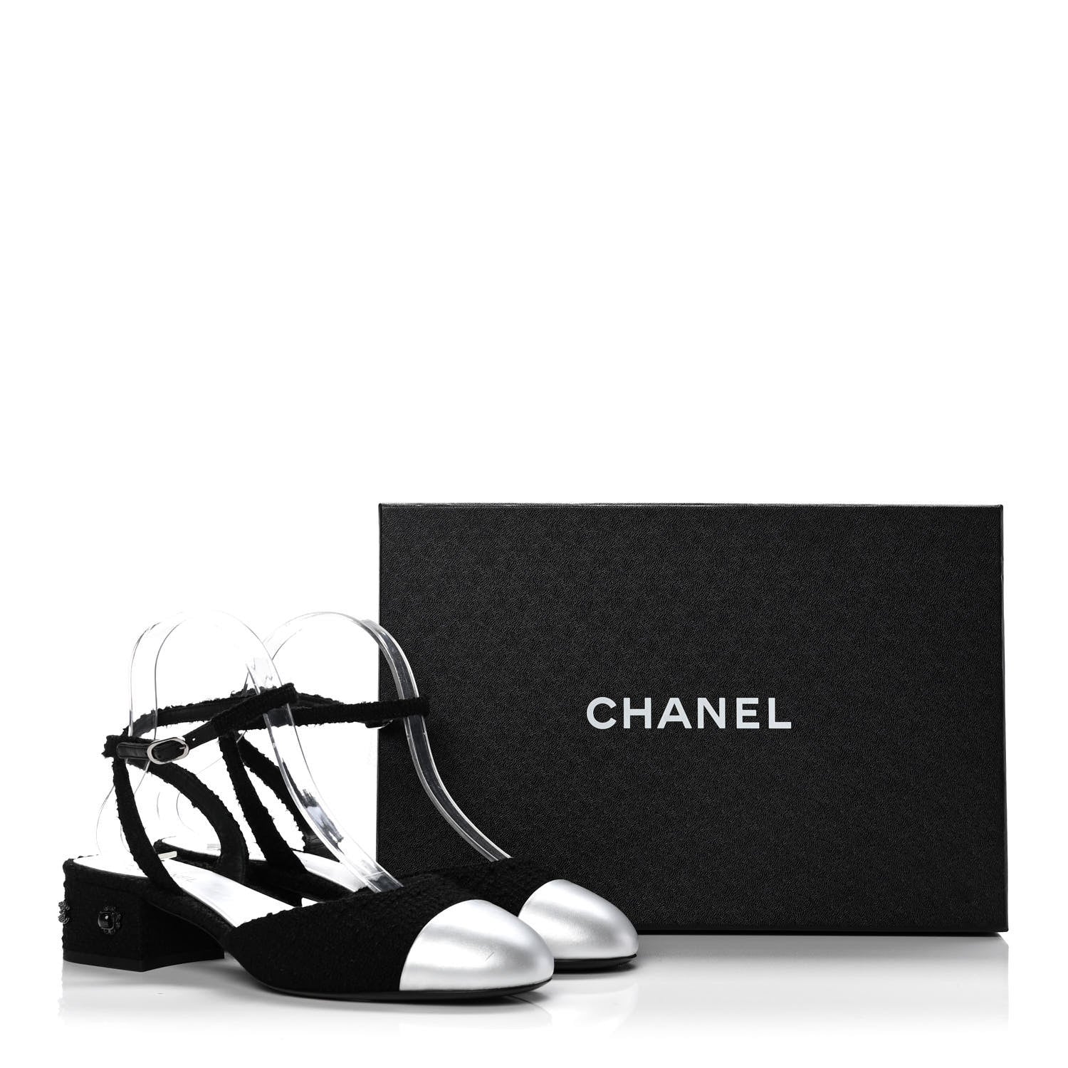 Chanel Tweed Iridescent Calfskin Cap Toe CC Slingback Pumps 39 Black Silver 9 of 9
