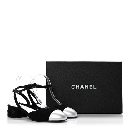 Chanel Tweed Iridescent Calfskin Cap Toe CC Slingback Pumps 39 Black Silver 9 of 9