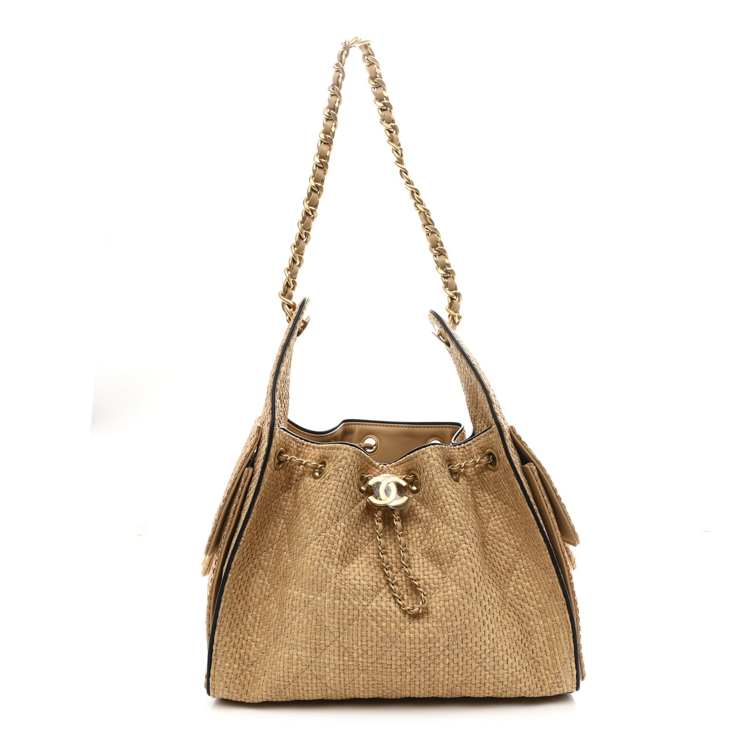 Braided Raffia Calfskin Small Chanel 25 Handbag Beige Black