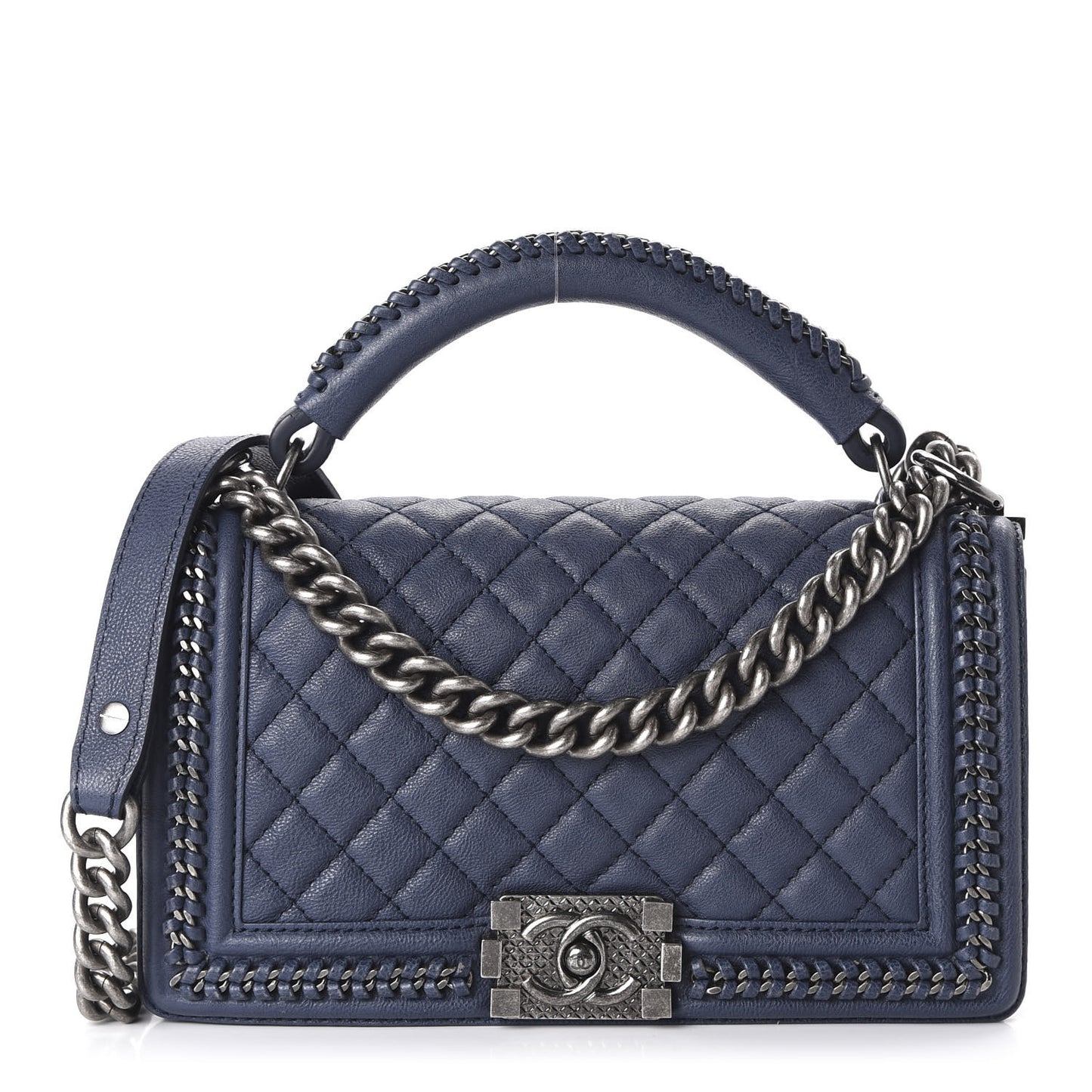Calfskin Quilted Medium Top Handle Boy Flap Navy