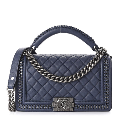 Chanel Calfskin Quilted Medium Top Handle Boy Flap Navy 1 of 10