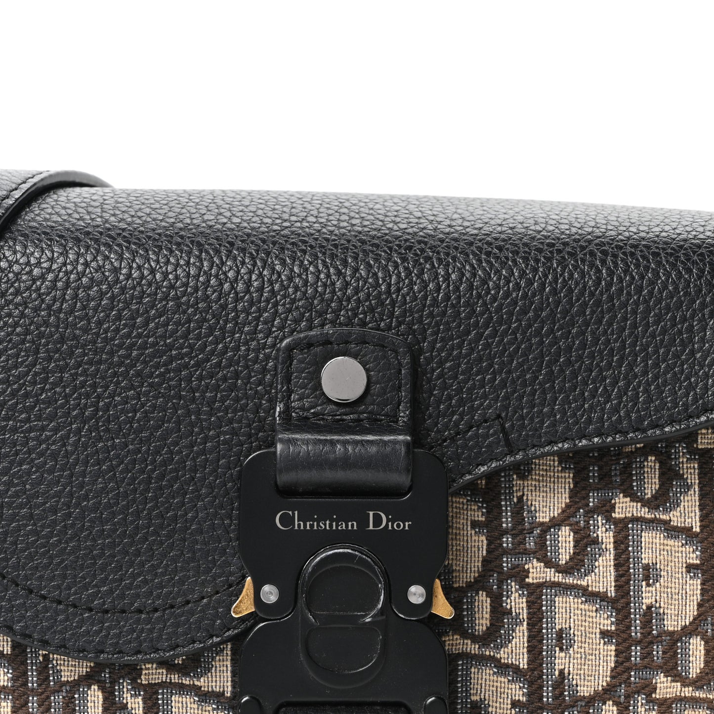 Grained Calfskin Oblique Mini Saddle Messenger Bag With Flap Beige Black