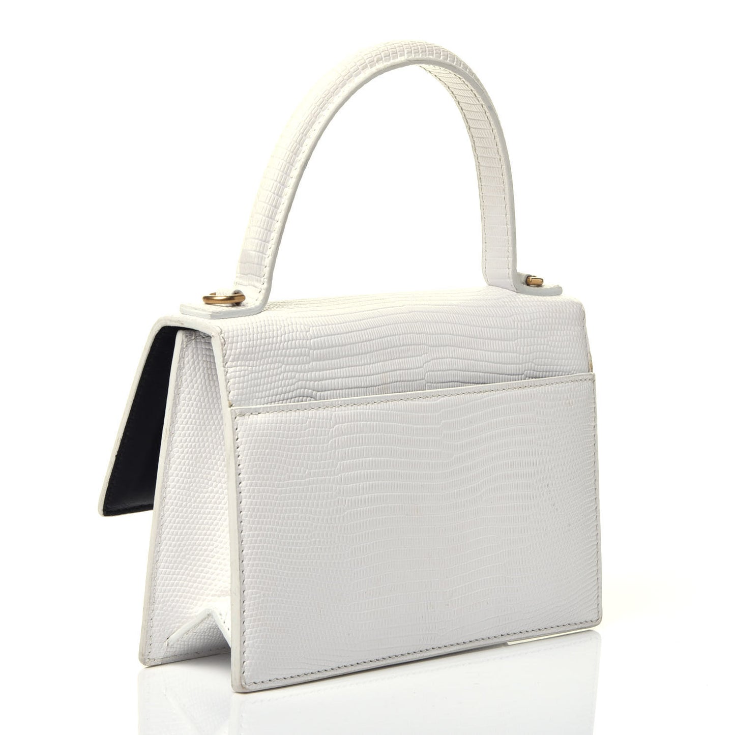 Patent Calfskin Lizard Embossed XS Sharp Top Handle Bag White