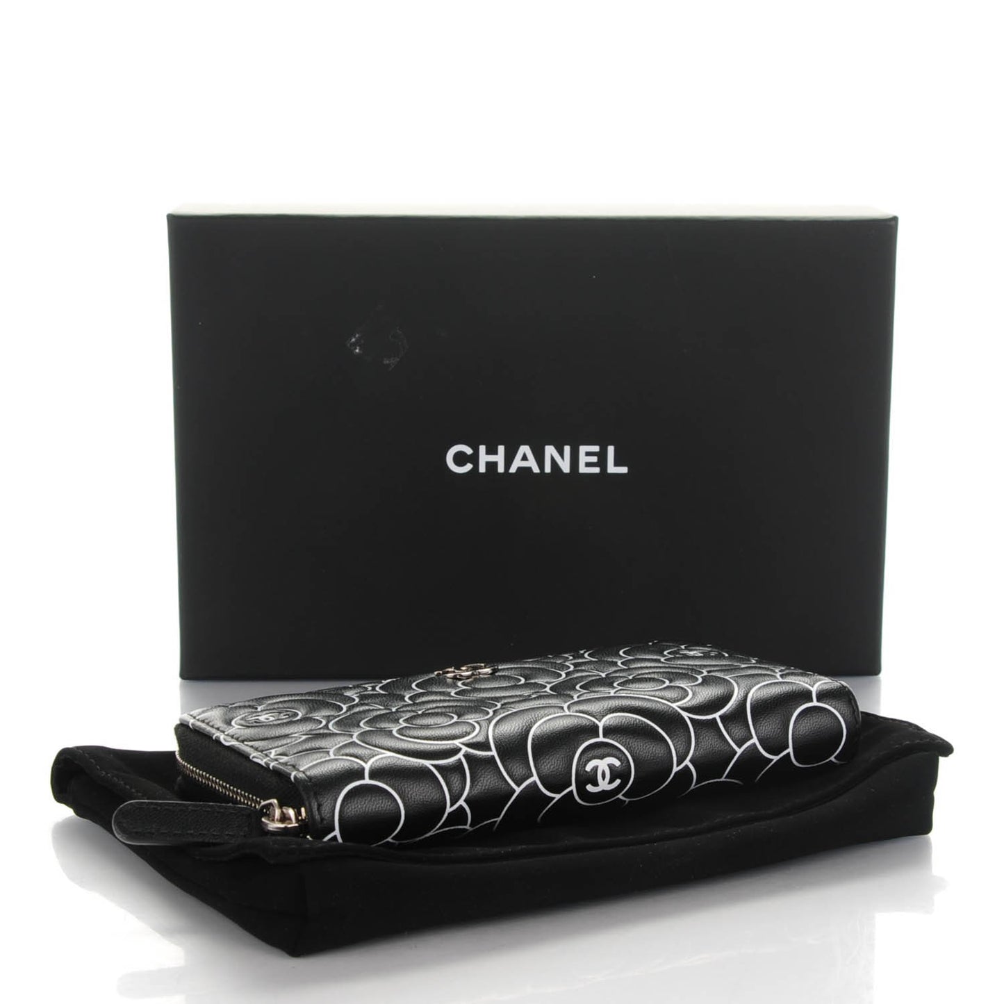 Lambskin Camellia Embossed Zip Around Wallet Black