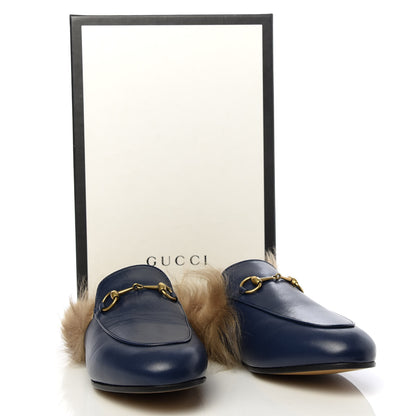 Gucci Malaga Kid Fur Womens Princetown Slippers 38 Blue Agata 9 of 9