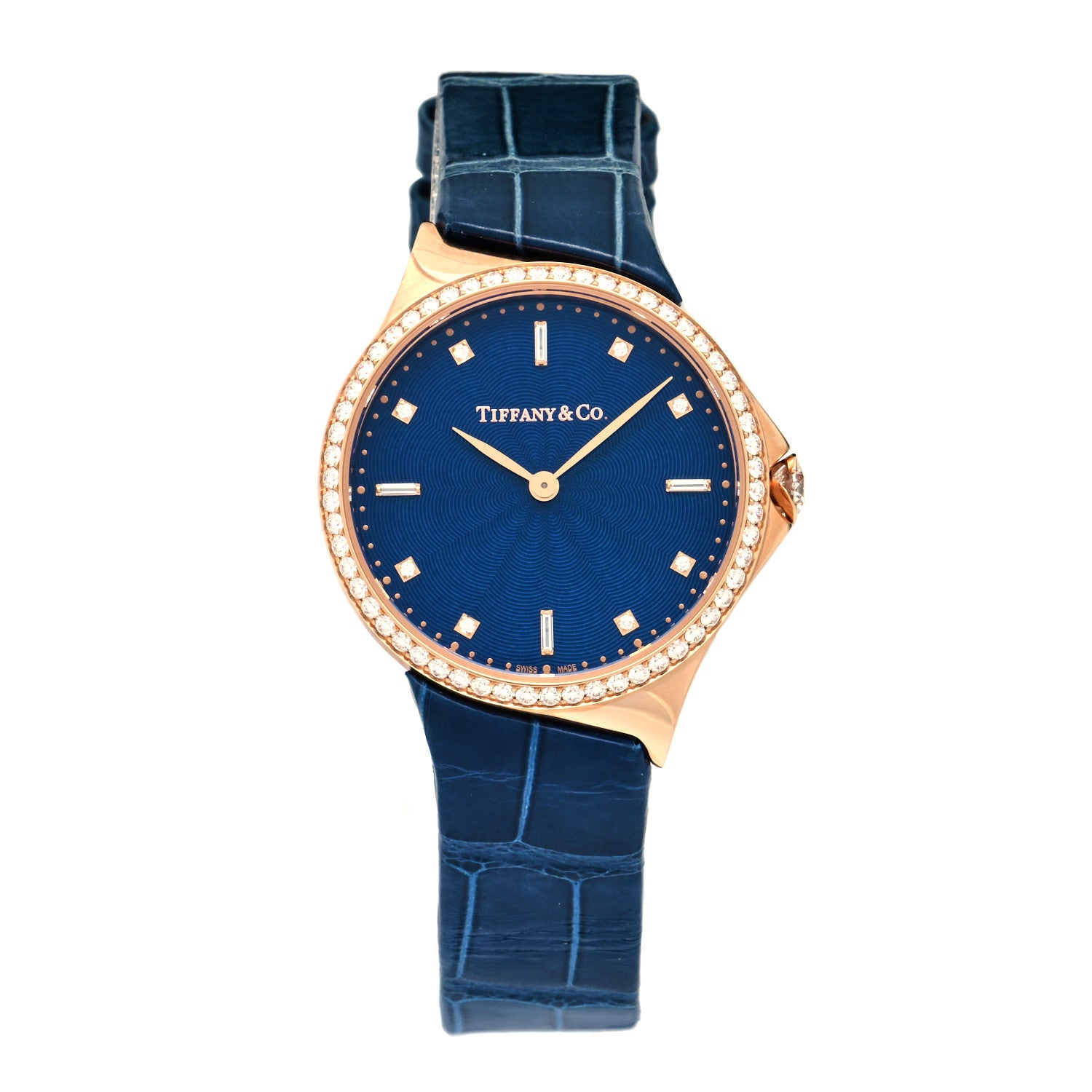 Tiffany 18K Rose Gold Alligator Diamond Bezel 28mm Metro Quartz Watch Navy 1 of 5