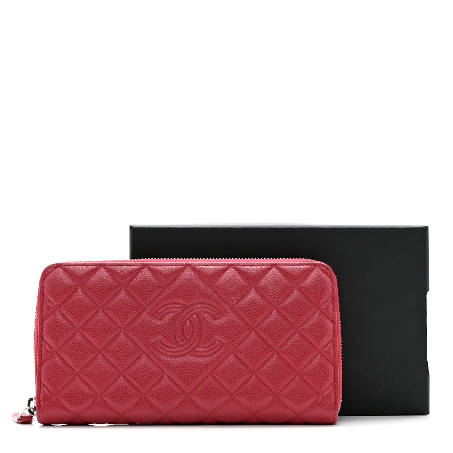 Caviar Quilted Diamond CC Gusset Zip Around Wallet Red