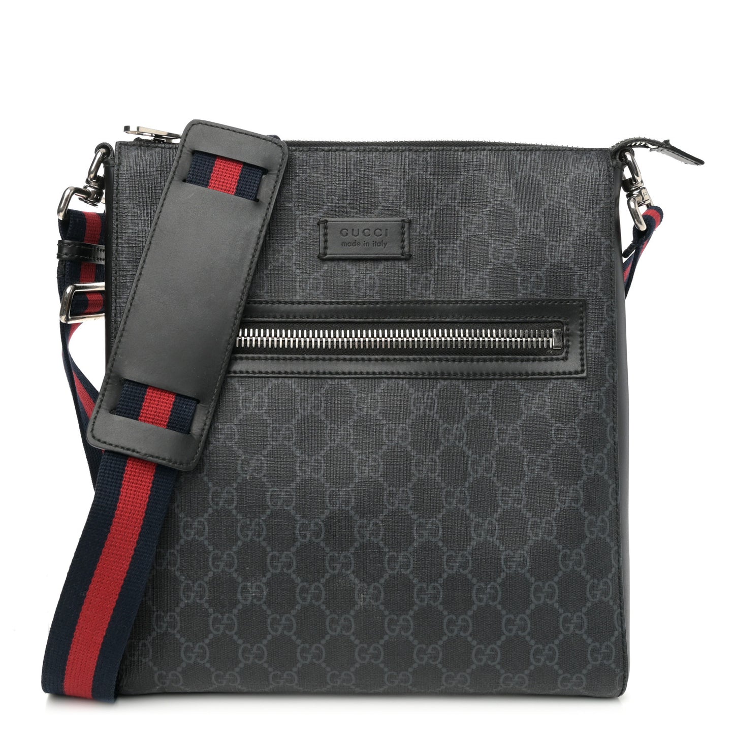 GG Supreme Monogram Appia Calfskin Web Flat Messenger Bag Black Grey