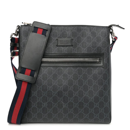 Gucci GG Supreme Monogram Appia Calfskin Web Flat Messenger Bag Black Grey 1 of 12