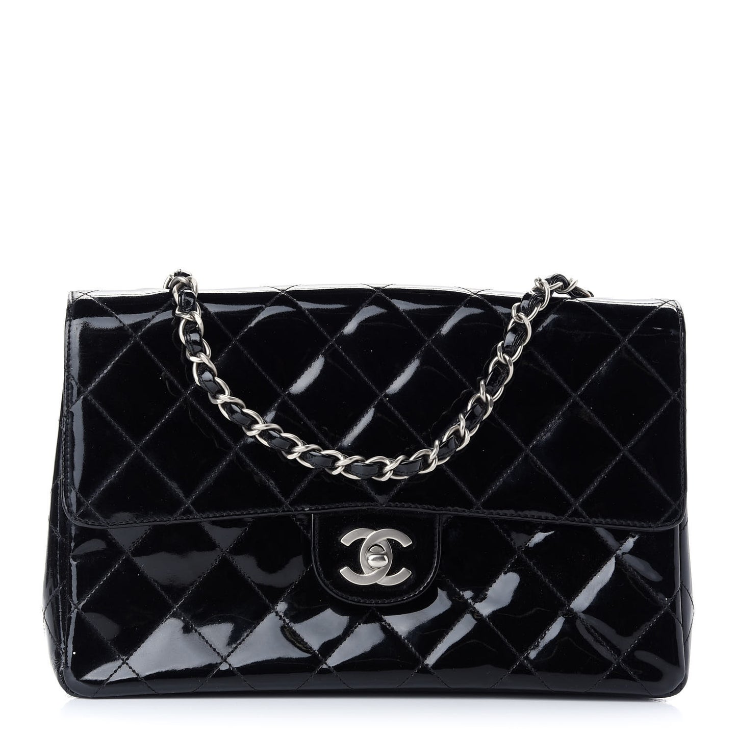 Patent Quilted Medium Single Flap Bag Black