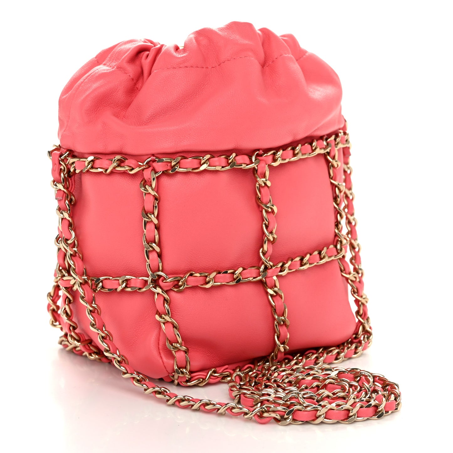 Lambskin Bucket Chain Drawstring Bag Pink