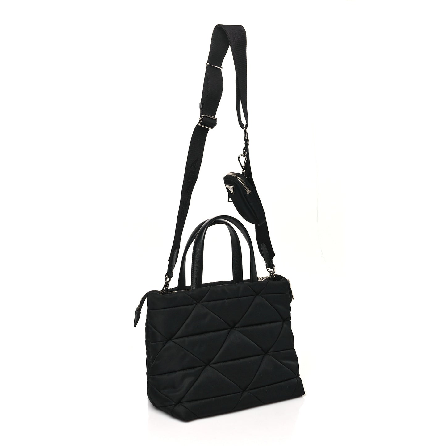 Re-Nylon Nappa Triangle Quilted Padded Double Handled Zip Pocket Tote Black