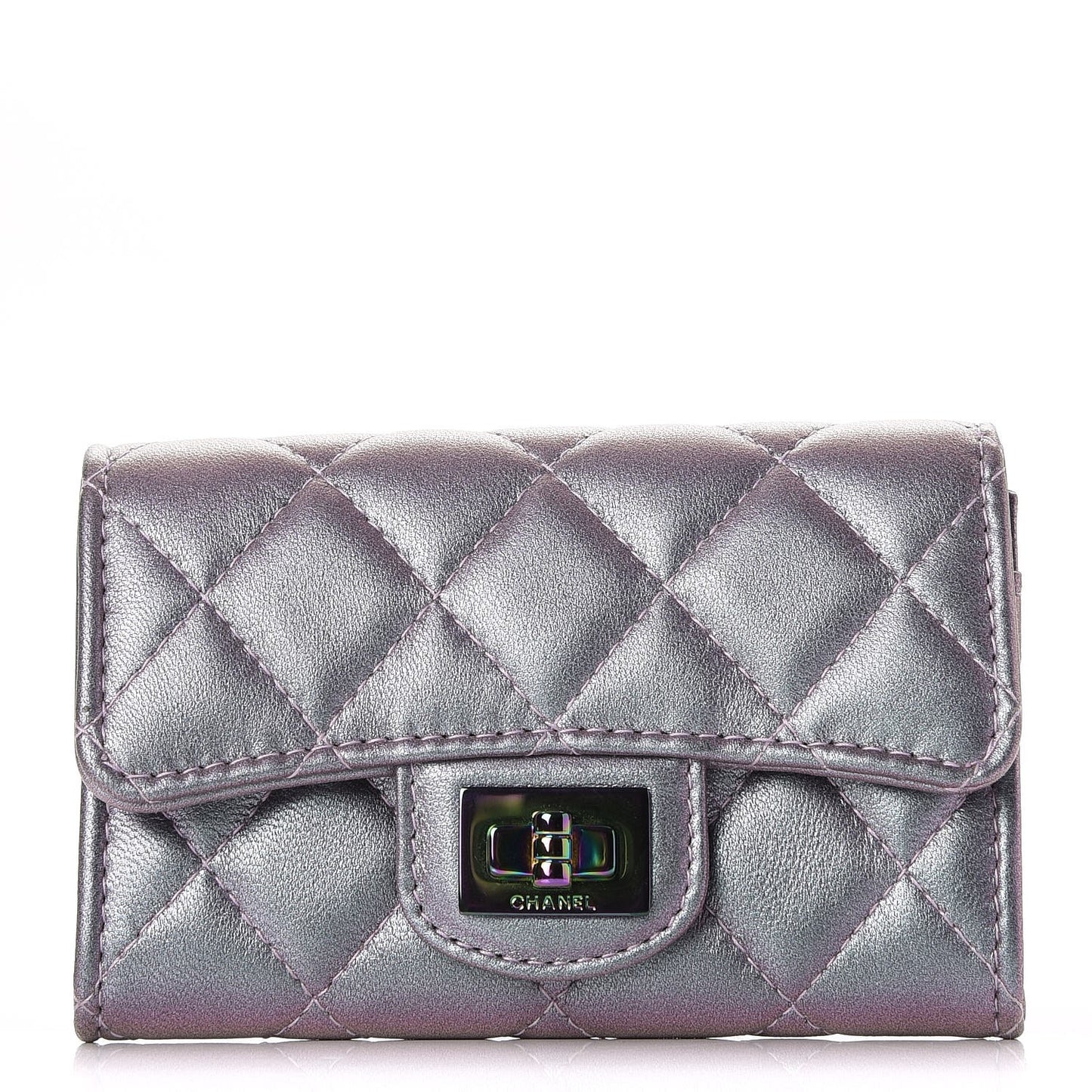 Iridescent Lambskin Quilted Reissue Flap Card Holder Light Purple