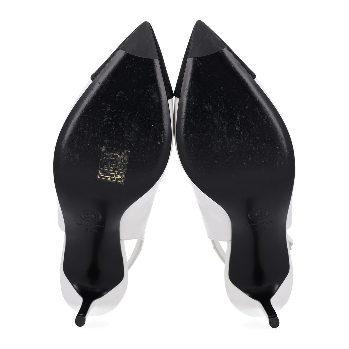Chanel Goatskin Grosgrain Pointed Cap Toe CC Slingback Pumps 38.5 White Black 7 of 10