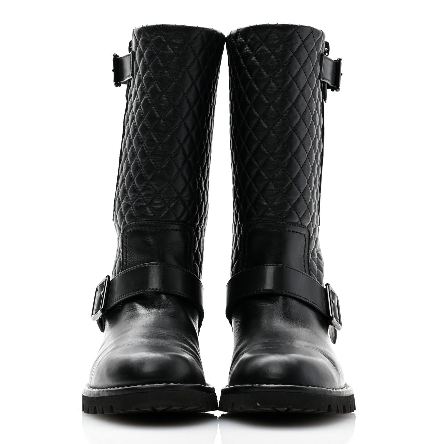 Calfskin Quilted Biker Boots 37 Black