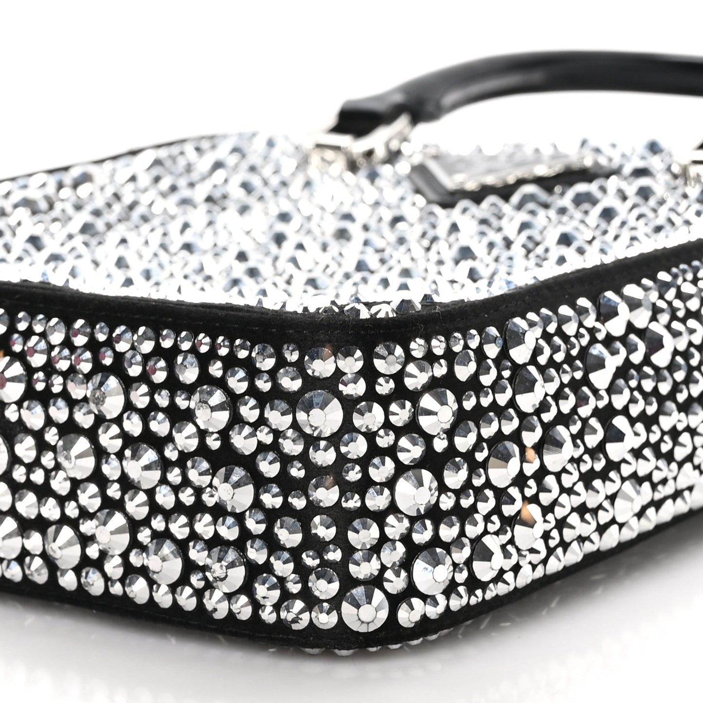 Satin Crystal Metal Triangle Logo Small Double Handle Crossbody Tote Metal