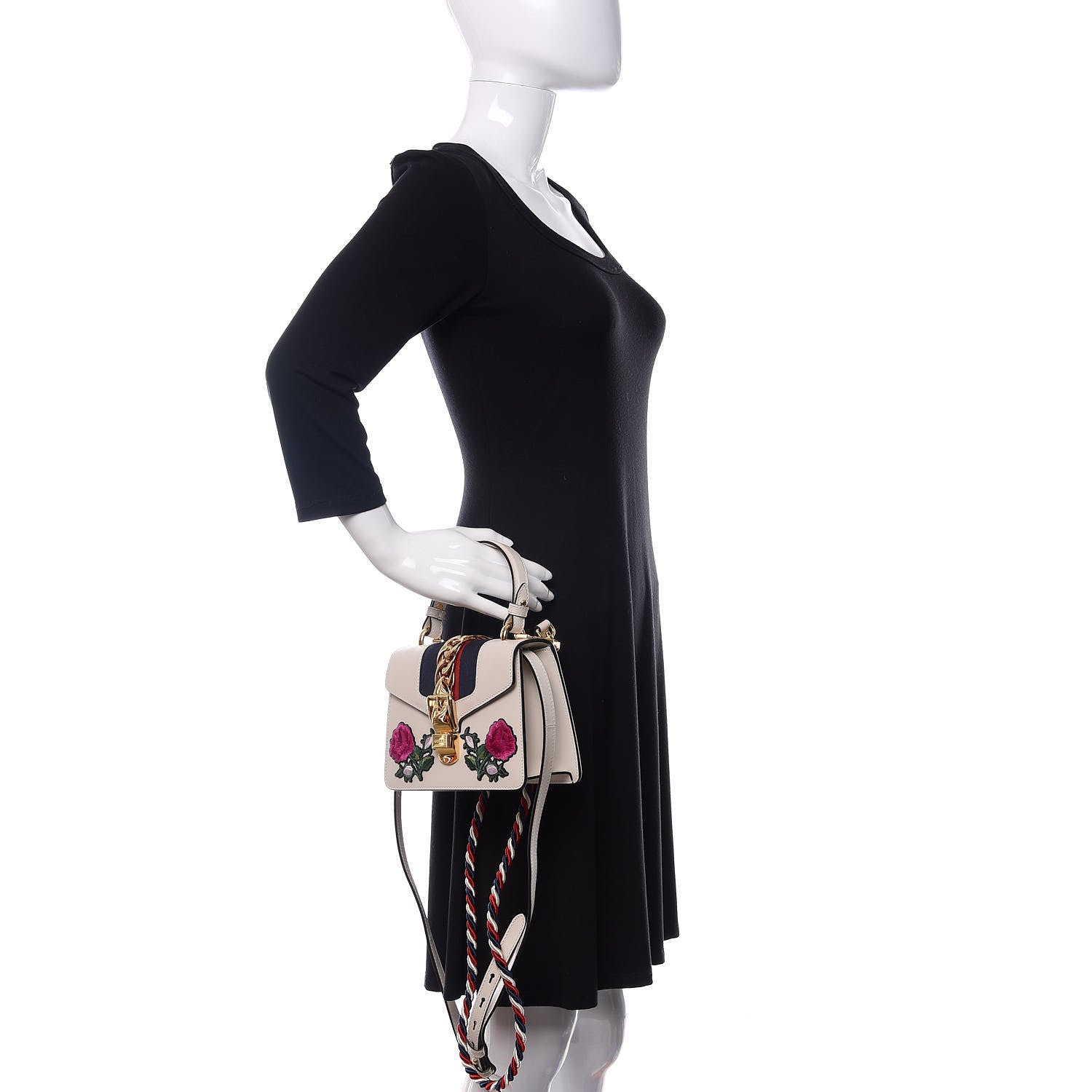 Gucci Calfskin Embroidered Mini Sylvie Top Handle Bag White 3 of 14