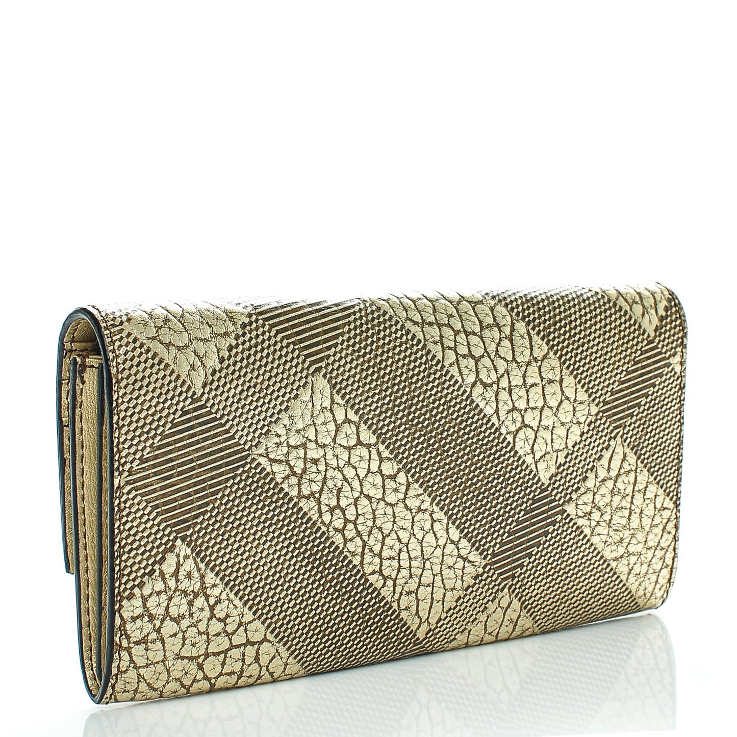 Metallic Signature Grain Calfskin Check Embossed Porter Continental Wallet Camel Gold
