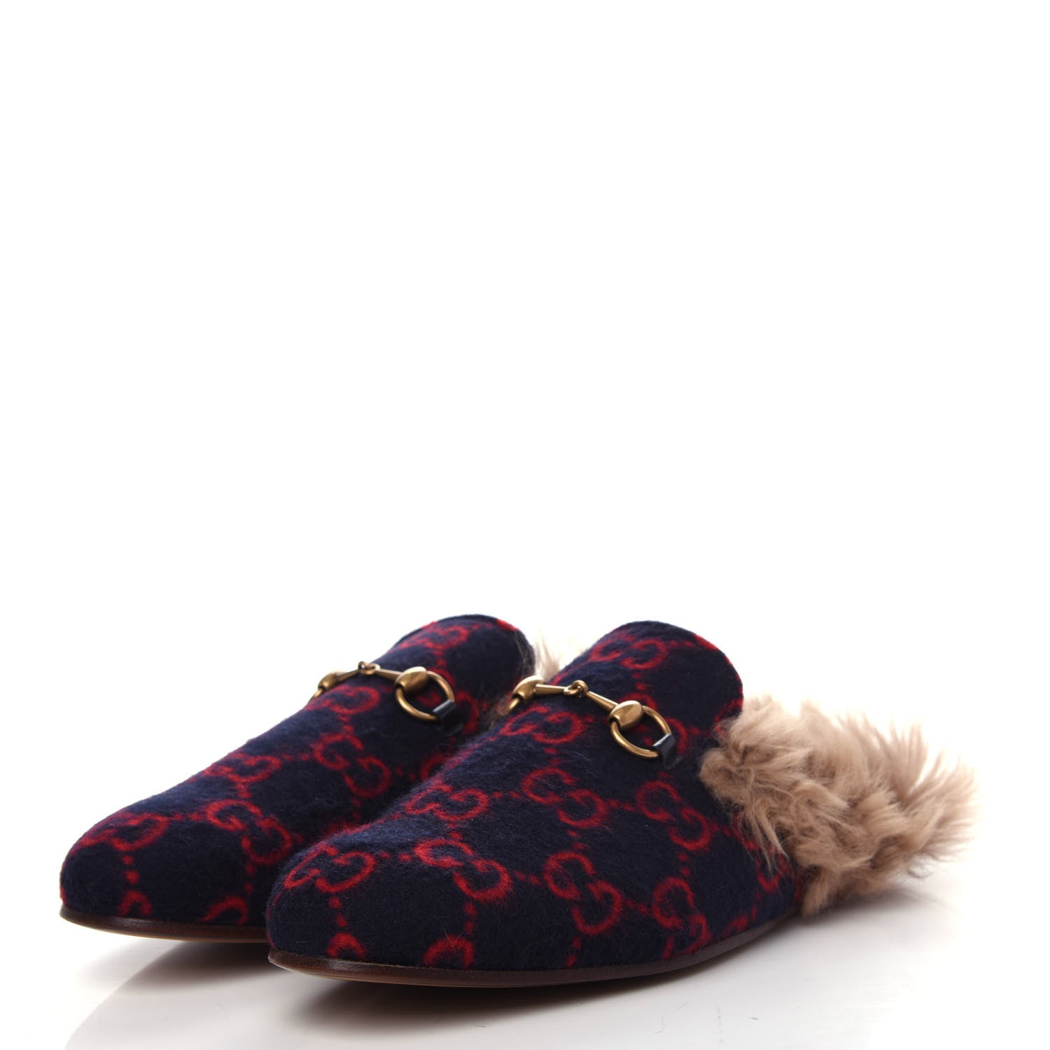 Gucci Covered Wool Big GG Monogram Fur Mens Princetown Slippers 9 Blue Red Butterscotch 3 of 10