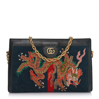Gucci Suede Patent Web Dragon Embroidered Small Ophidia Chain Shoulder Bag Blue Black 1 of 10