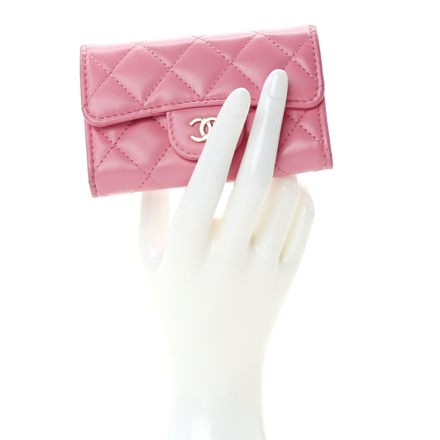 Lambskin Quilted Flap Card Holder Wallet Pink