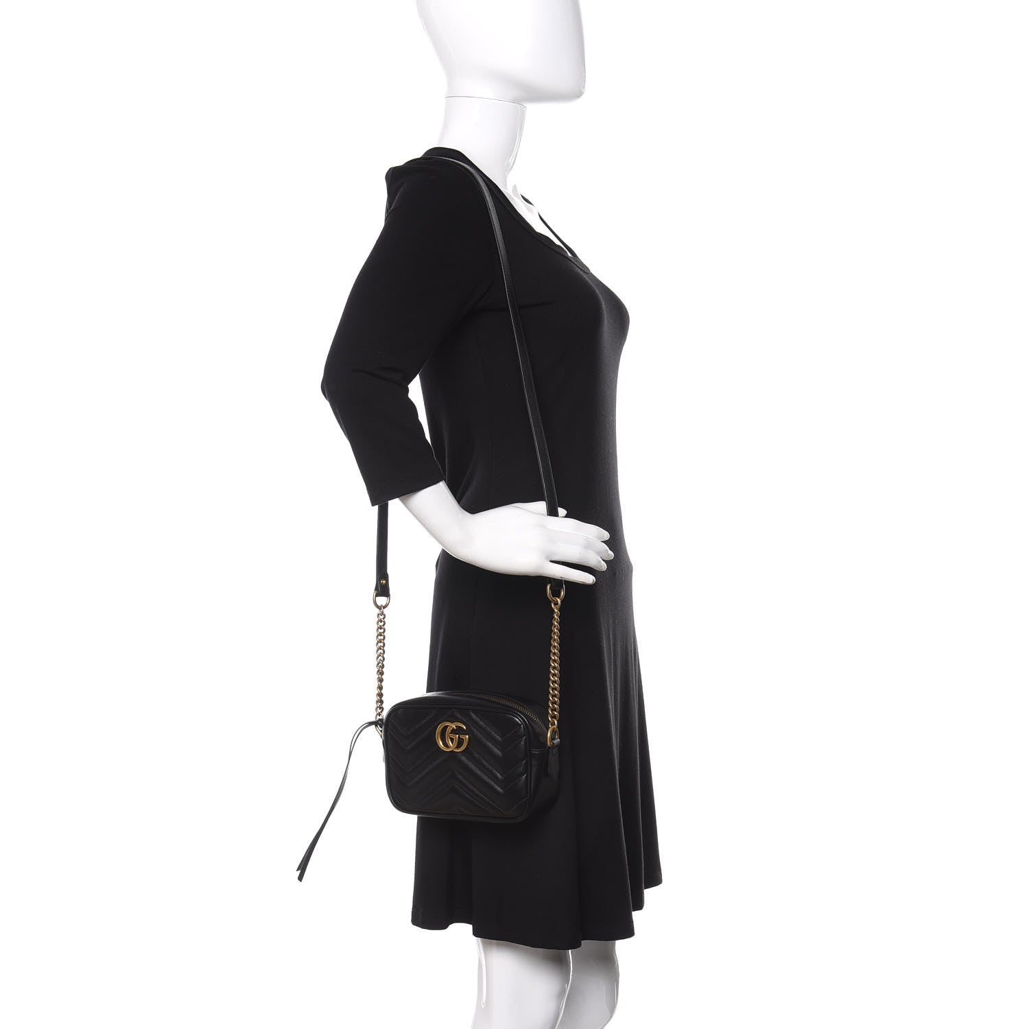 Gucci Calfskin Matelasse Mini GG Marmont Chain Shoulder Bag Black 2 of 12