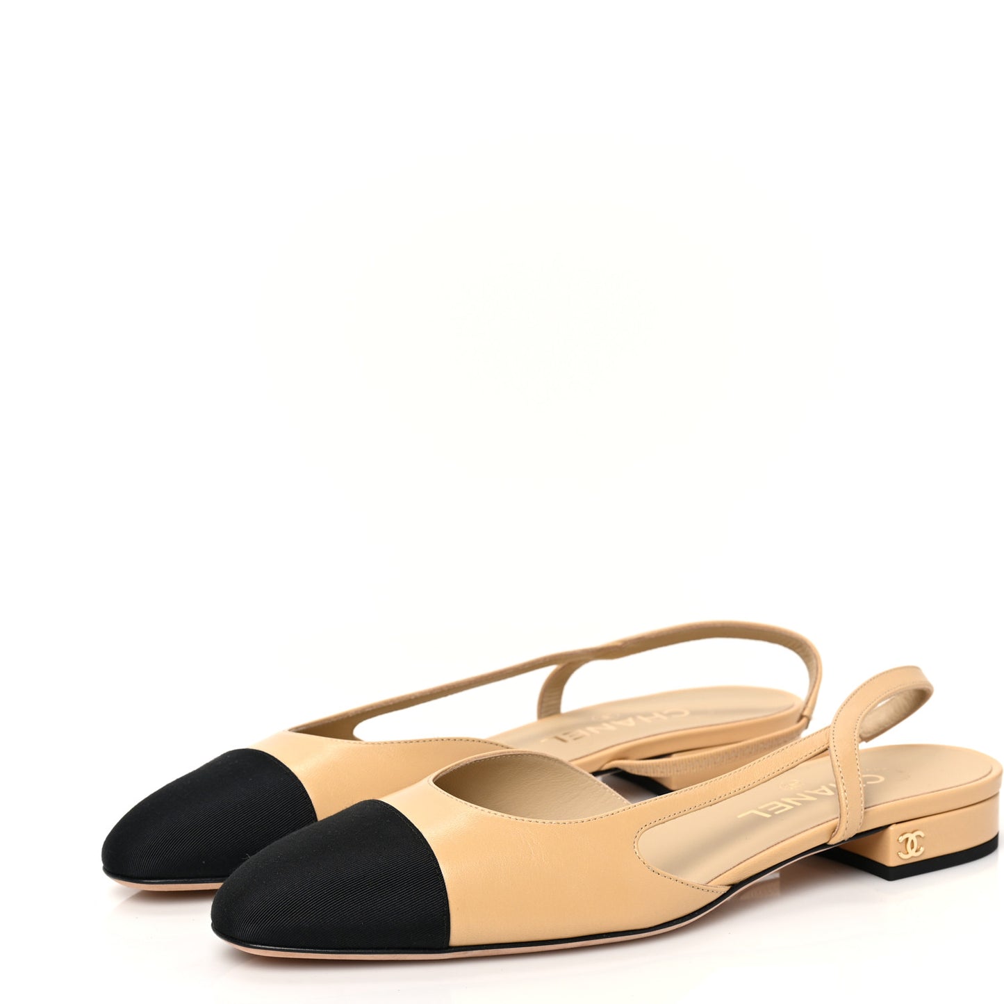 Goatskin Grosgrain Cap Toe CC Slingback Pumps 39.5 Beige Black