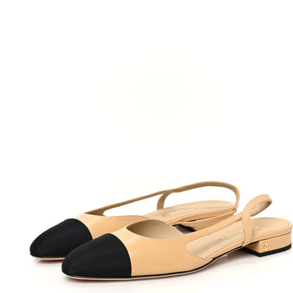 Chanel Goatskin Grosgrain Cap Toe CC Slingback Pumps 39.5 Beige Black 3 of 8