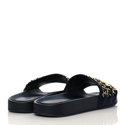 Chanel Satin Canvas Chain Slides Sandals Flats 39 Marine 4 of 8