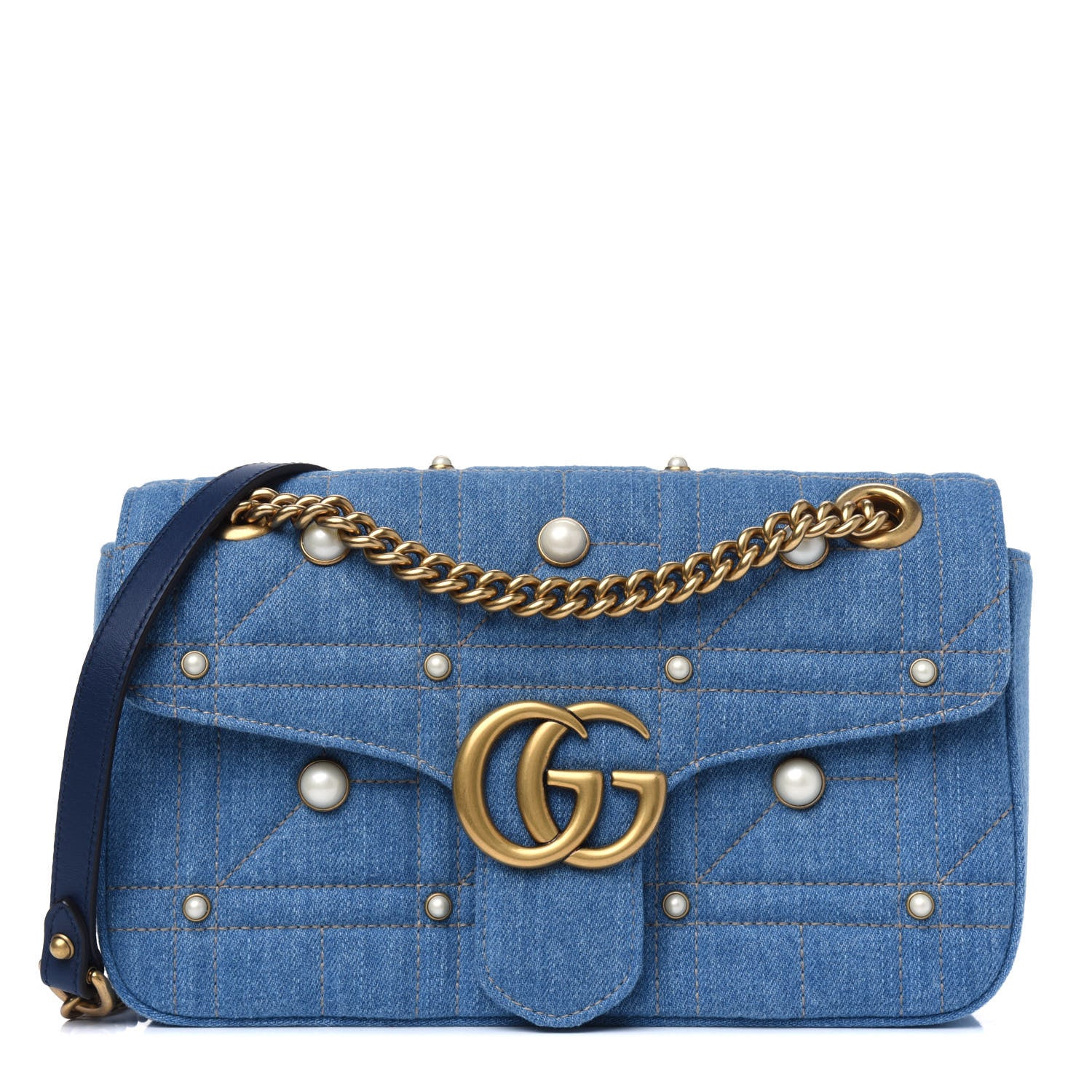 Gucci Denim Matelasse Pearl Studded Small GG Marmont Shoulder Bag Blue 1 of 4