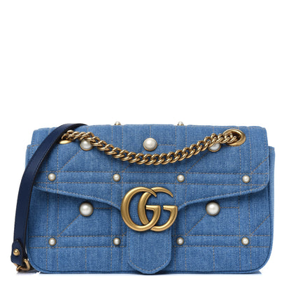 Gucci Denim Matelasse Pearl Studded Small GG Marmont Shoulder Bag Blue 1 of 4
