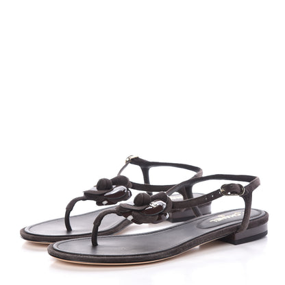 Chanel Suede Patent Calfskin Camellia Thong Sandals 38 Dark Brown 3 of 10