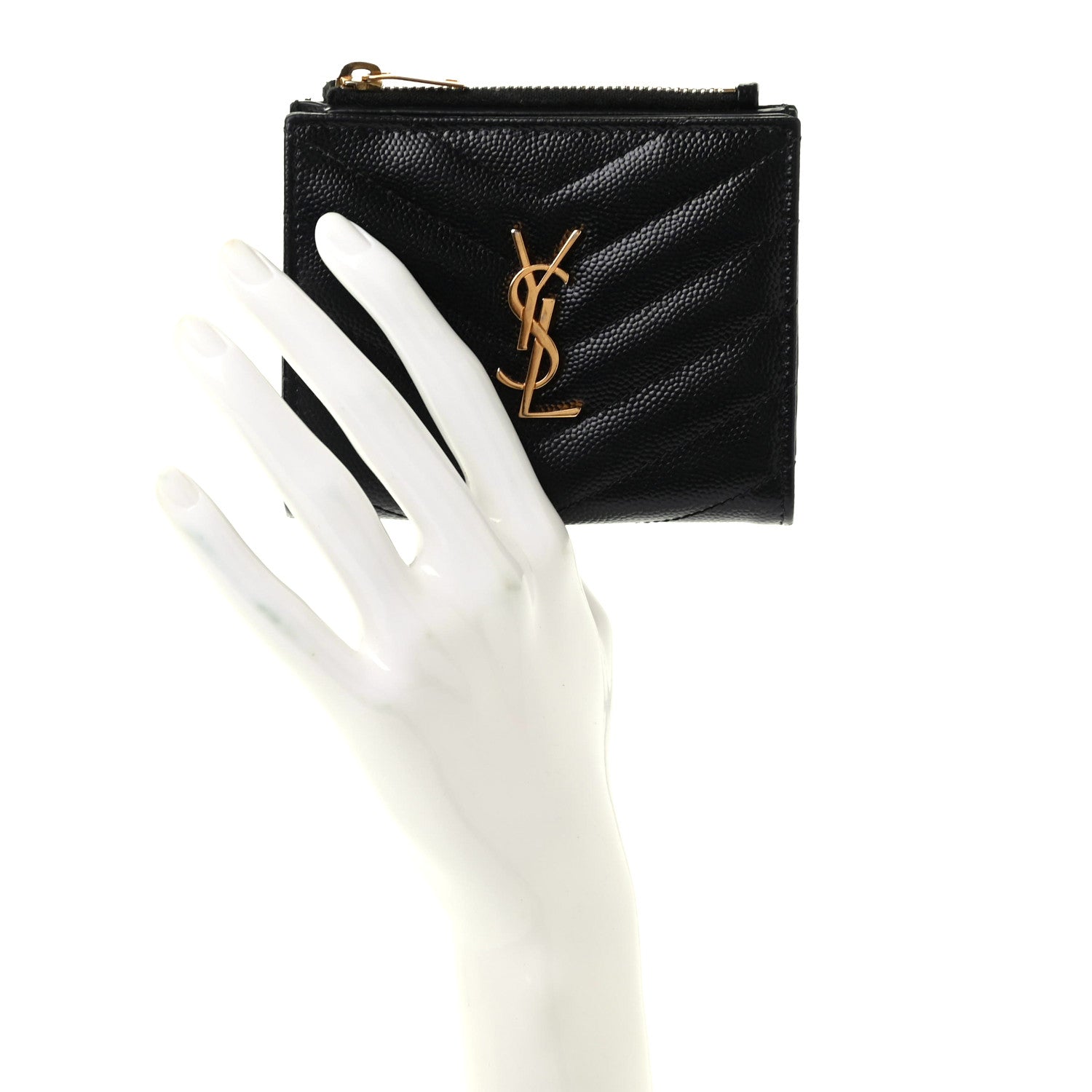Saint Laurent Grain De Poudre Matelasse Chevron Monogram Zipped Card Case Black 2 of 8
