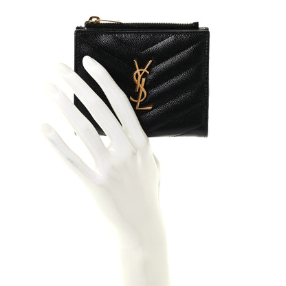 Saint Laurent Grain De Poudre Matelasse Chevron Monogram Zipped Card Case Black 2 of 8